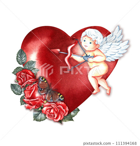 A cute little cupid with an arrow and a rose on the background of a red heart. Hand-drawn watercolor illustration. For Valentine's Day and wedding. For packaging, posters, greeting card. For printing. A cute little cupid with an arrow and a rose on the background of a red heart. Hand-drawn watercolor illustration. For Valentine's Day and wedding. For packaging, posters, greeting card. For printing. 111394168