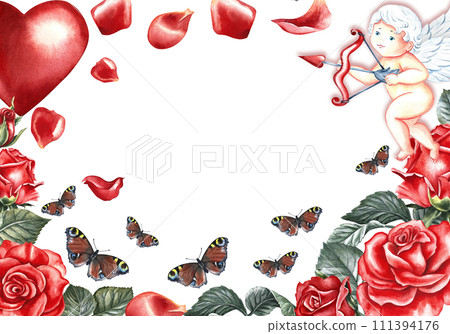 A Valentine's day or wedding card with cupids, red roses and a heart. Hand-drawn watercolor illustration. An element of the design of packaging and labels, posters and flyers, prints. 111394176