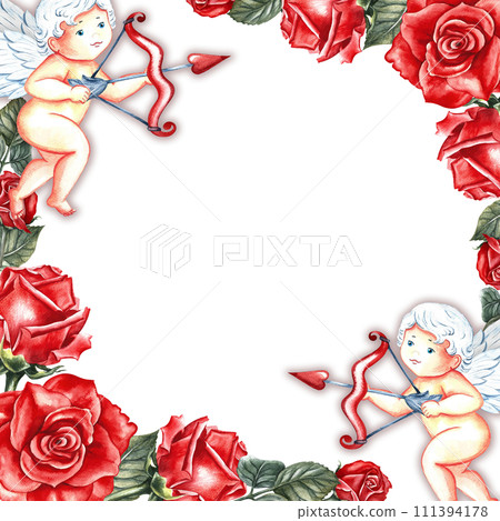 A frame with red roses and cupids. Hand-drawn watercolor illustration. A greeting card for lovers, for Valentine's Day and wedding. It is also suitable for packaging, posters and flyers. 111394178