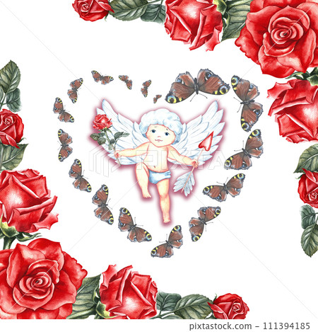 A postcard with a cute little cupid with roses and butterflies. Hand-drawn watercolor illustration. For lovers, Valentine's day and weddings. For posters, greeting cards, prints. 111394185