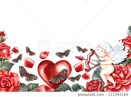A banner frame with red roses and a cupid with a bow. Hand-drawn watercolor illustration. A greeting card for lovers, for Valentine's Day and wedding. Also suitable for packaging, posters and flyers. 111394189