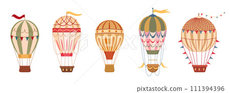 Retro hot air balloons. Cartoon flying hot air balloons decorated with flags and garlands flat vector illustration set. Vintage air transport collection Retro hot air balloons. Cartoon flying hot air balloons decorated with flags and garlands flat vector illustration set. Vintage air transport collection 111394396