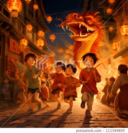 Little asian girl with red paper lanterns on Chinese New Year with dancing lion Little asian girl with red paper lanterns on Chinese New Year with dancing lion 111394605