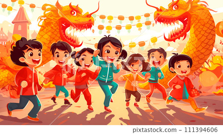 Little asian girl with red paper lanterns on Chinese New Year with dancing lion 111394606