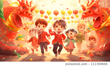 Little asian girl with red paper lanterns on Chinese New Year with dancing lion Little asian girl with red paper lanterns on Chinese New Year with dancing lion 111394608