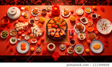 Set of Chinese food on wooden dining table in a restaurant, various snacks, pastries 111394609