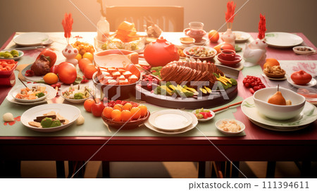 Set of Chinese food on wooden dining table in a restaurant, various snacks, pastries 111394611
