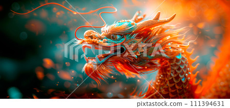 Closeup of 3D golden dragon statue in Chinese temple, symbol of Chinese New Year 111394631