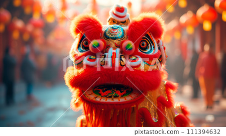 Chinese New Year or Lantern Festival with lanterns and dancing lion in old town 111394632