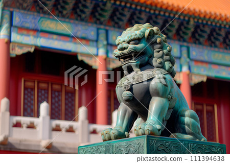 Closeup of Lion statue in the Forbidden City or Asian temple, symbol of Chinese New Year 111394638
