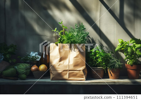 Craft brown shopping paper bag on blue background with soft Sfumato lightening. Craft brown shopping paper bag on blue background with soft Sfumato lightening. 111394651