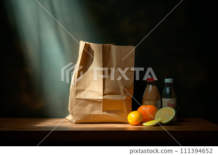 Craft brown shopping paper bag on blue background with soft Sfumato lightening. Craft brown shopping paper bag on blue background with soft Sfumato lightening. 111394652