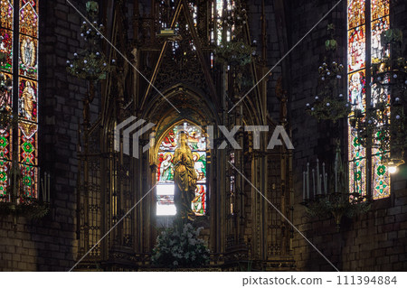 Christian church Basilica of the Immaculate Conception and Assumption of Our Lady - Basilica de la Purissima Concepcio - with religious statue in Barcelona, Catalonia Spain. 111394884