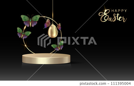 Easter banner for product demonstration, gold round pedestal or podium with colorful butterflies and golden Easter egg. 3d vector empty stage for commercial product display mockup on black background 111395004