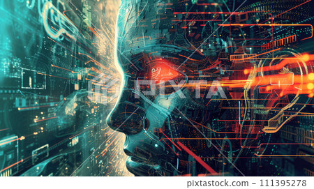 AI like humanoid cyborg or android, face of smart robot with tech vision, futuristic artificial intelligence on digital background. Concept of technology, art, problem, danger, future AI like humanoid cyborg or android, face of smart robot with tech vision, futuristic artificial intelligence on digital background. Concept of technology, art, problem, danger, future 111395278