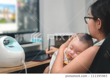 Mother holding newborn baby and working at home, Infant chlid sleeping on the mom chest, Single mom concept. Mother holding newborn baby and working at home, Infant chlid sleeping on the mom chest, Single mom concept. 111395965