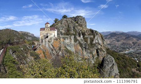 Shaonin temple on the southeastern spur of Mount Shoana. View from the south. Village named after Kosta Khetagurov, Karachay district. Karachay-Cherkessia. Russia 111396791