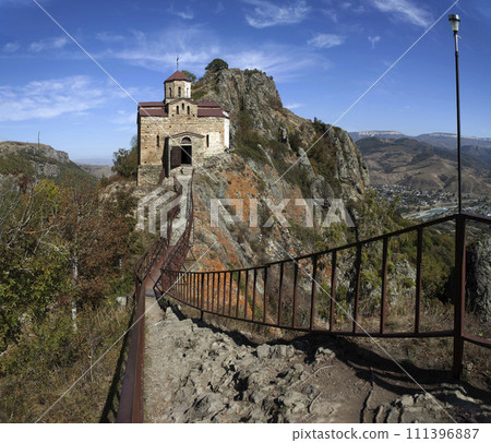 Shaonin temple on the southeastern spur of Mount Shoana. View from the south. Village named after Kosta Khetagurov, Karachay district. Karachay-Cherkessia. Russia 111396887