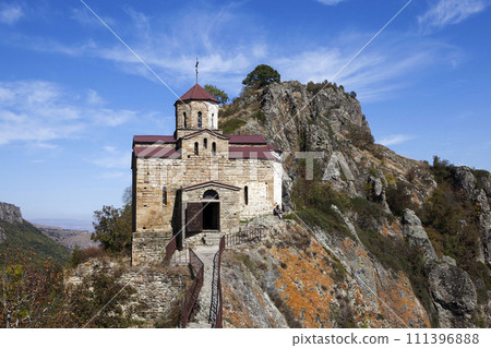Shaonin temple on the southeastern spur of Mount Shoana. View from the south. Village named after Kosta Khetagurov, Karachay district. Karachay-Cherkessia. Russia 111396888