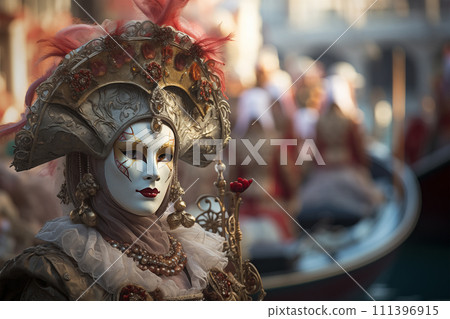 Elegant Person in Vibrant Carnival Costume and Mask at Venice Festival Elegant Person in Vibrant Carnival Costume and Mask at Venice Festival 111396915