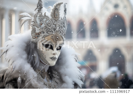 Elegant Person in Vibrant Carnival Costume and Mask at Venice Festival 111396917