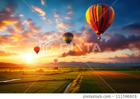 Colorful hot air balloons over blooming field meadow at sunset 111396928