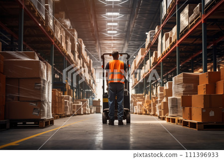 Warehouse Worker Operating Forklift Amidst Aisles with Packaged Goods Warehouse Worker Operating Forklift Amidst Aisles with Packaged Goods 111396933