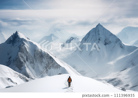 Lone Mountaineer Alpinist Approaching Snowy Peak 111396935