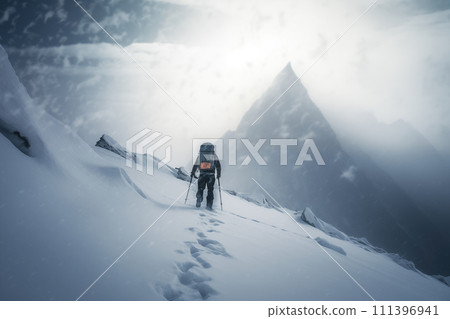 Lone Mountaineer Alpinist Approaching Snowy Peak 111396941