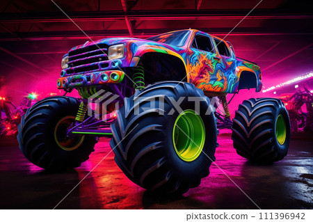 Neon-Lit Monster Truck at Show Neon-Lit Monster Truck at Show 111396942