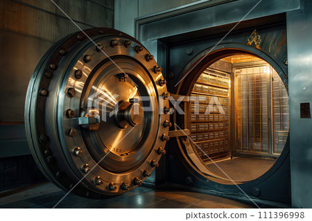 Open Bank Vault Door Revealing Safety Deposit Boxes in Depositary 111396998