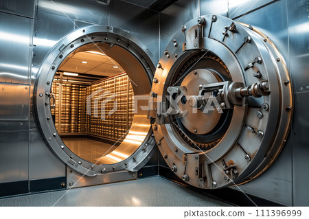 Open Bank Vault Door Revealing Safety Deposit Boxes in Depositary Open Bank Vault Door Revealing Safety Deposit Boxes in Depositary 111396999