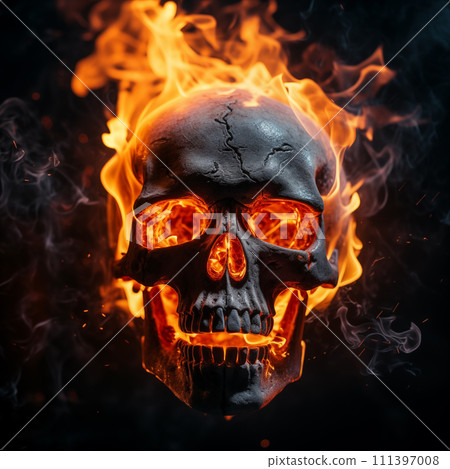 Burning Skull on Dark Background 111397008