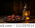 Ramadan Lantern and plate of Figs 111397014