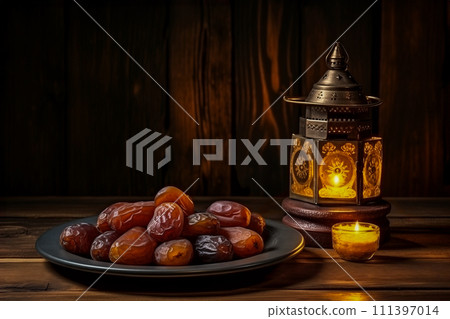 Ramadan Lantern and plate of Figs 111397014