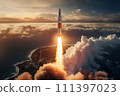 Aerial view of rocket launch at sunrise over ocean coast 111397023