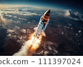 Aerial view of rocket launch at sunrise over ocean coast 111397024