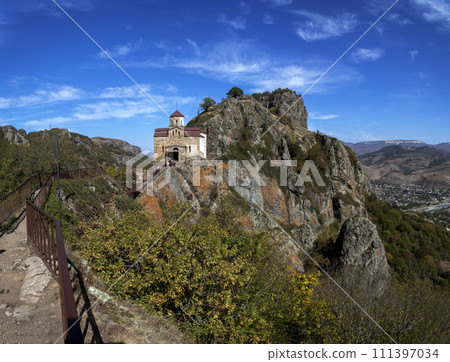 Shaonin temple on the southeastern spur of Mount Shoana. View from the south. Village named after Kosta Khetagurov, Karachay district. Karachay-Cherkessia. Russia 111397034