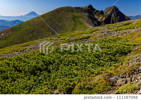 View of Mt. Fuji, Mt. Yokodake, and Mt. Akadake from Mt. Iodake in the Yatsugatake Mountain Range View of Mt. Fuji, Mt. Yokodake, and Mt. Akadake from Mt. Iodake in the Yatsugatake Mountain Range 111397098