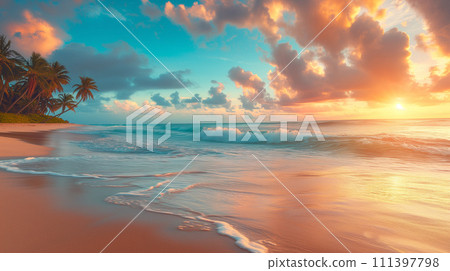 A breathtaking sunset view over a tropical beach, with gentle waves caressing the shore and palm trees silhouetted against the vibrant sky. A breathtaking sunset view over a tropical beach, with gentle waves caressing the shore and palm trees silhouetted against the vibrant sky. 111397798