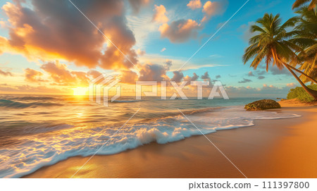 A breathtaking sunset view over a tropical beach, with gentle waves caressing the shore and palm trees silhouetted against the vibrant sky. A breathtaking sunset view over a tropical beach, with gentle waves caressing the shore and palm trees silhouetted against the vibrant sky. 111397800