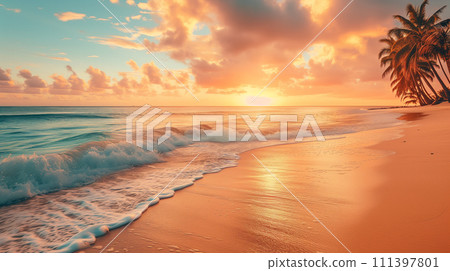 A breathtaking sunset view over a tropical beach, with gentle waves caressing the shore and palm trees silhouetted against the vibrant sky. A breathtaking sunset view over a tropical beach, with gentle waves caressing the shore and palm trees silhouetted against the vibrant sky. 111397801
