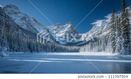A serene winter landscape showcases a frozen river leading to snow-laden pine trees and majestic mountains under a clear blue sky. 111397804