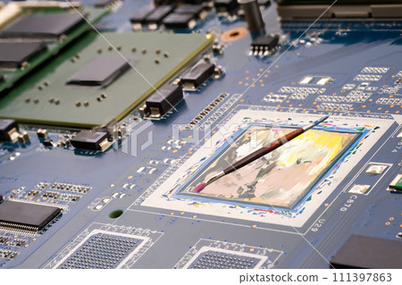 AI-generated content. AI and artists copyright conflict concept. A PCB motherboard featuring a painter's palette and paint brush, symbolizing the conflict at the intersection of technology and human 111397863