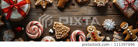 Adorable Christmas confections and cookie display, Ai Generated. 111397896