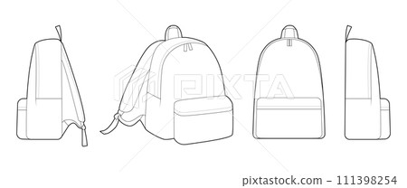Set of Fashion backpack silhouette bag. Fashion accessory technical illustration. Vector schoolbag front, side 3-4 view 111398254