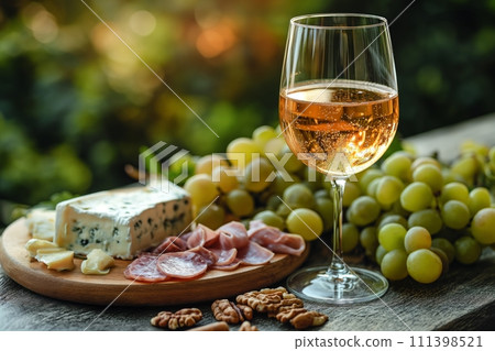 AI-generated content. Picnic served outside with a glass of wine, cheese, grapes, salami on a wooden board in sunlight 111398521