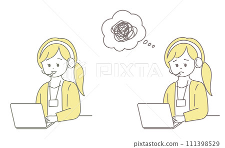 Illustration set of female operators with smiling and troubled faces Illustration set of female operators with smiling and troubled faces 111398529