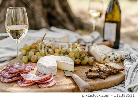 AI-generated content. Picnic served outside with a bottle of wine, cheese, grapes, salami on a wooden board 111398531