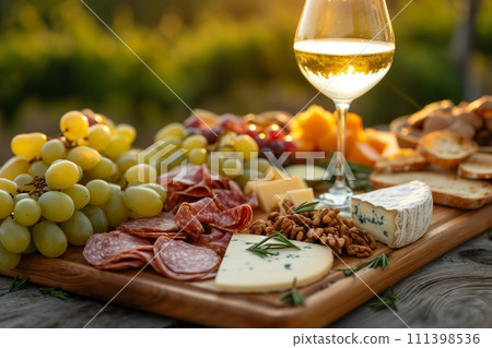 AI-generated content. Picnic served outside with a glass of wine, cheese, grapes, salami on a wooden board in sunlight 111398536